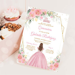 Quinceanera Floral Pink Gold Invitation Kaart