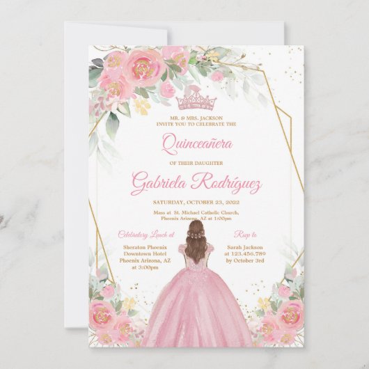 Quinceanera Floral Pink Gold Invitation Kaart (Voorkant)