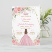 Quinceanera Floral Pink Gold Invitation Kaart (Staand voorkant)