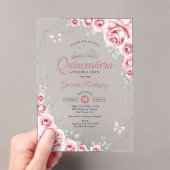 Quinceanera Floral Pink Silver Acryl Uitnodigingen (Insitu (Draagbaar))