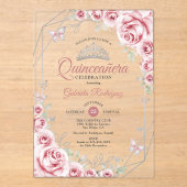 Quinceanera Floral Pink Silver Acryl Uitnodigingen (Voorkant)