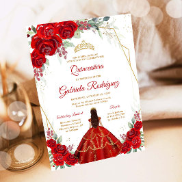 Quinceanera Floral Red Gold Invitation Kaart