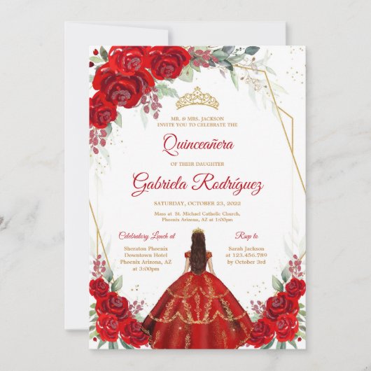 Quinceanera Floral Red Gold Invitation Kaart (Voorkant)