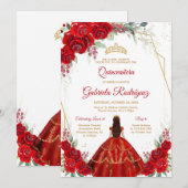 Quinceanera Floral Red Gold Invitation Kaart (Voorkant / Achterkant)
