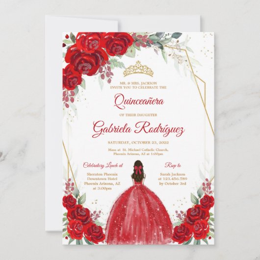 Quinceanera Floral Red Rose Gold Invitation Kaart (Voorkant)