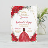Quinceanera Floral Red Rose Gold Invitation Kaart (Staand voorkant)