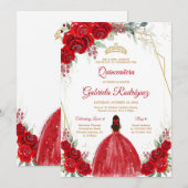 Quinceanera Floral Red Rose Gold Invitation Kaart (Voorkant / Achterkant)