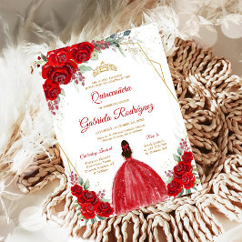 Quinceanera Floral Red Rose Gold Invitation Kaart