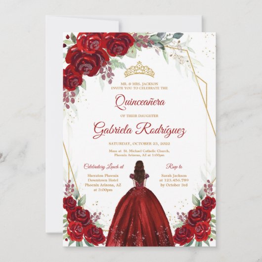 Quinceanera Floral Red Rose Gold Invitation Kaart (Voorkant)