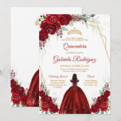 Quinceanera Floral Red Rose Gold Invitation Kaart (Voorkant / Achterkant)