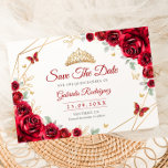 Quinceanera Floral Red Roses Gold Save The Date<br><div class="desc">Red,  gold and white floral Quinceanera celebration save the date. Features,  brunette girl in ball gown dress script font,  gold butterflies,  watercolor roses and tiara. Perfect for an elegant princess style glam celebration. Personalize with your own details. Printed Zazzle cards or instant download digital printable template.</div>