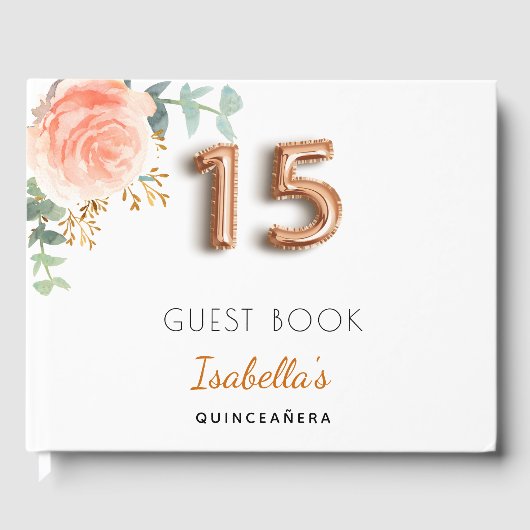 Quinceanera floral roos Gold eucalyptus monogram Gastenboek (Voorkant)