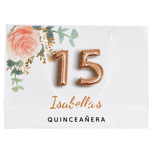 Quinceanera floral roos Gold eucalyptus monogram Groot Cadeauzakje (Achterkant)