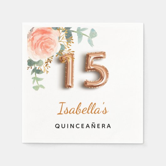 Quinceanera floral roos Gold eucalyptus monogram Servet (Voorkant)