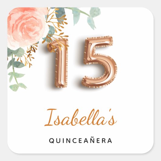 Quinceanera floral roos Gold eucalyptus monogram Vierkante Sticker (Voorkant)