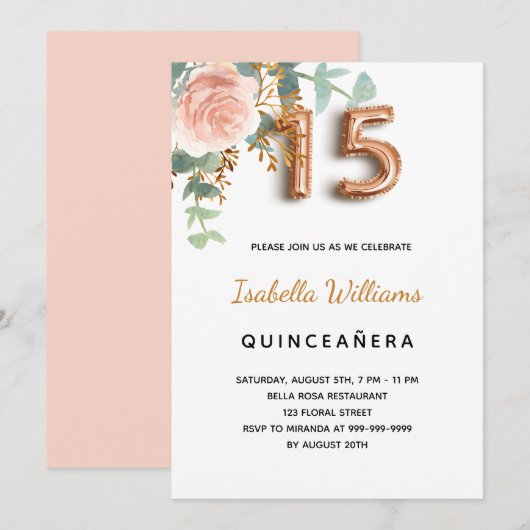 Quinceanera floral roos goudapper kaart (Voorkant / Achterkant)