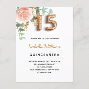 Quinceanera floral roos goudapper uitnodiging briefkaart