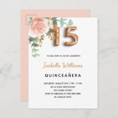 Quinceanera floral roos goudapper uitnodiging briefkaart (Voorkant / Achterkant)