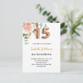 Quinceanera floral roos goudapper uitnodiging briefkaart (Staand voorkant)