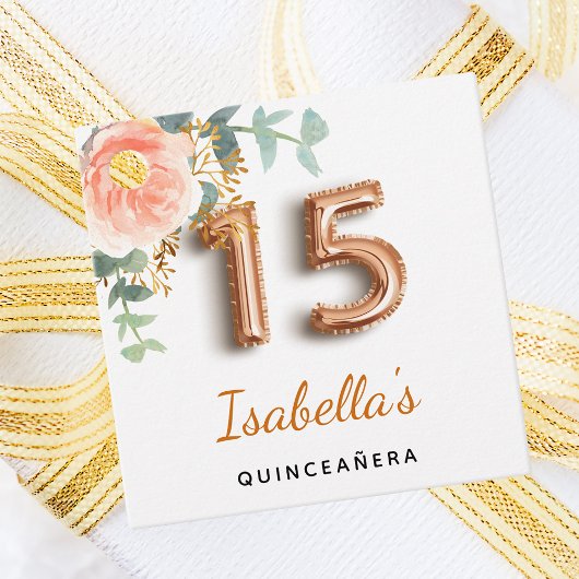 Quinceanera floral roos gouden eucalyptus bedankjes labels