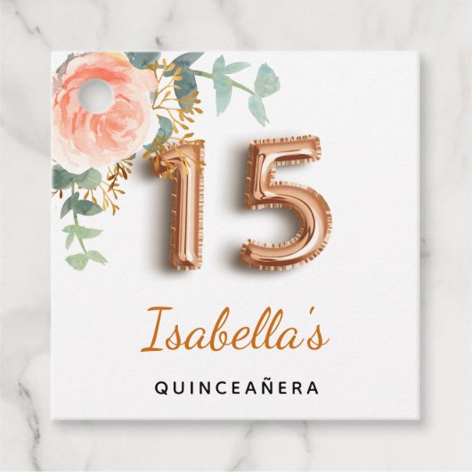 Quinceanera floral roos gouden eucalyptus bedankjes labels (Voorkant)