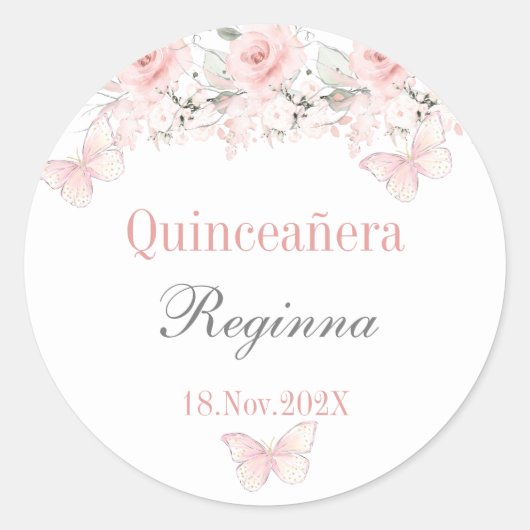 Quinceañera floral rosa ronde sticker (Voorkant)