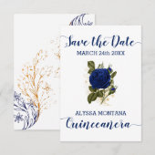 Quinceanera Floral Royal Blue Roos Save The Date (Voorkant / Achterkant)