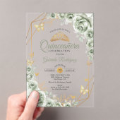 Quinceanera Floral Sage Green Gold Acryl Uitnodigingen (Insitu (Draagbaar))