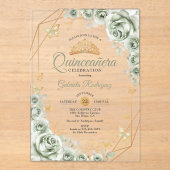 Quinceanera Floral Sage Green Gold Acryl Uitnodigingen (Voorkant)