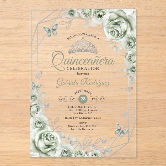 Quinceanera Floral Sage Green Silver Acryl Uitnodigingen (Voorkant)