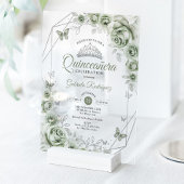Quinceanera Floral Sage Green Silver Acryl Uitnodigingen