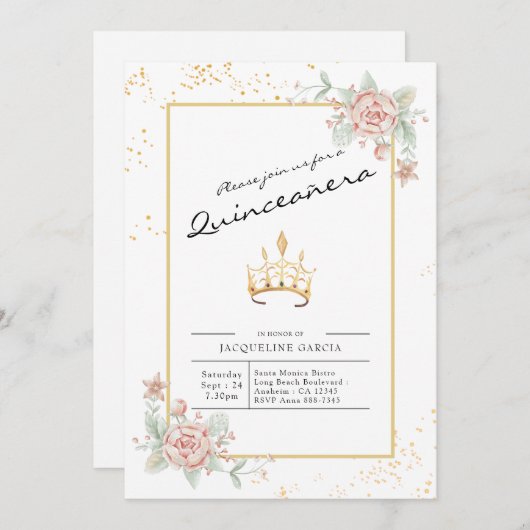 Quinceañera Floral Script 15th Birthday Kaart (Voorkant / Achterkant)