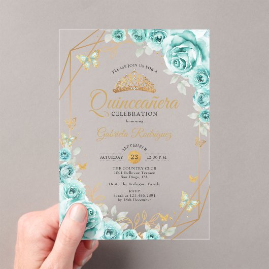 Quinceanera Floral Turquoise Gold Acryl Uitnodigingen (Insitu (Draagbaar))