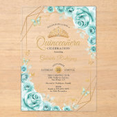 Quinceanera Floral Turquoise Gold Acryl Uitnodigingen (Voorkant)