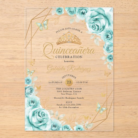 Quinceanera Floral Turquoise Gold Acryl Uitnodigingen (Voorkant)
