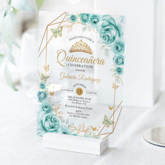 Quinceanera Floral Turquoise Gold Acryl Uitnodigingen