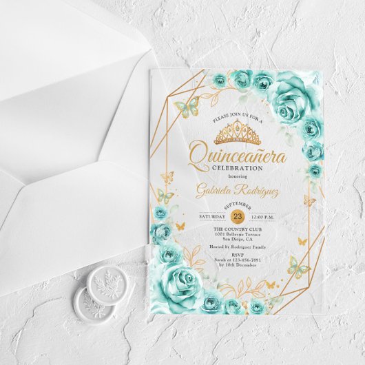 Quinceanera Floral Turquoise Gold Acryl Uitnodigingen