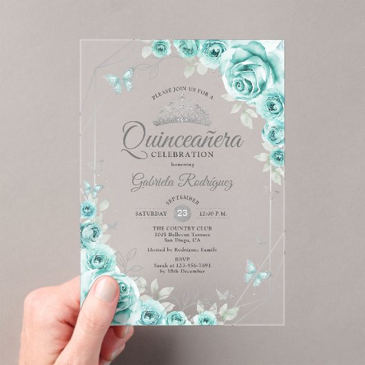 Quinceanera Floral Turquoise Silver Acryl Uitnodigingen (Insitu (Draagbaar))