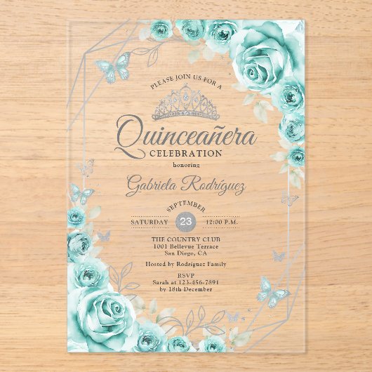 Quinceanera Floral Turquoise Silver Acryl Uitnodigingen (Voorkant)