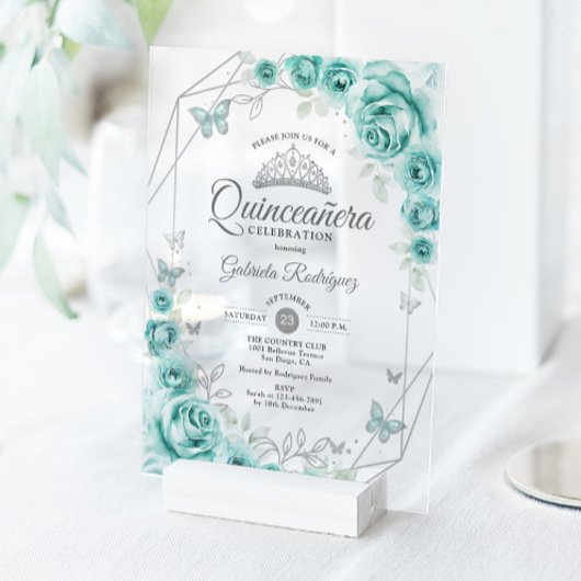 Quinceanera Floral Turquoise Silver Acryl Uitnodigingen