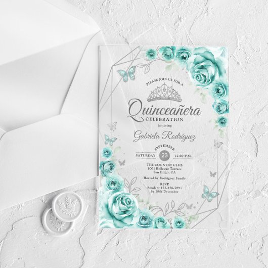 Quinceanera Floral Turquoise Silver Acryl Uitnodigingen