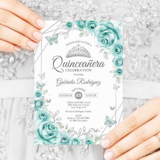 Quinceanera Floral Turquoise Zilver Kaart