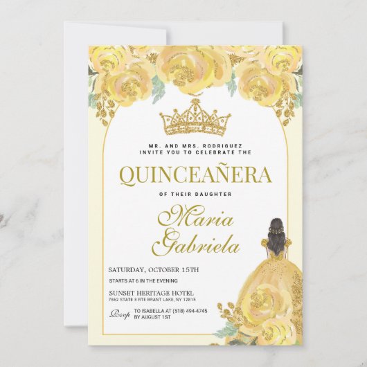 Quinceanera Floral Yellow Gold Mis Quince Anos Kaart (Voorkant)