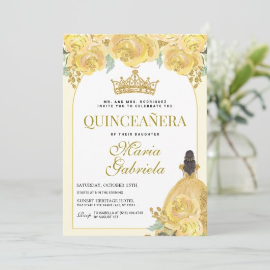 Quinceanera Floral Yellow Gold Mis Quince Anos Kaart (Staand voorkant)