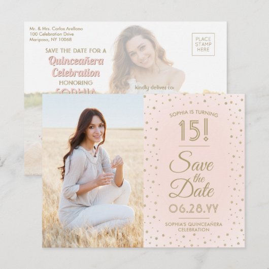 Quinceañera Foto Bewaar de datum Pink Gold Glitter Uitnodiging Briefkaart (Voorkant / Achterkant)