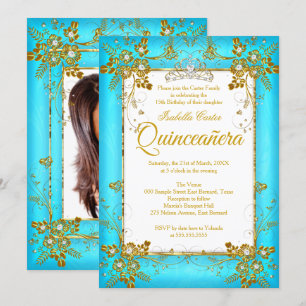 Quinceanera Foto Blauwgroen Blue Gold Diamond Tiar Kaart