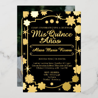 Quinceanera Foto Bloem Goud Zilver Folie Glam Uitnodiging