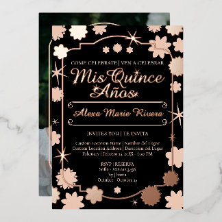 Quinceanera Foto Bloem Goud Zilver Folie Glam Uitnodiging