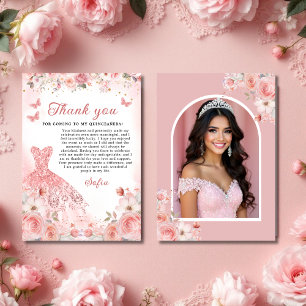 Quinceañera Foto Blush Roze Roos Bloemen Dank u Bedankkaart
