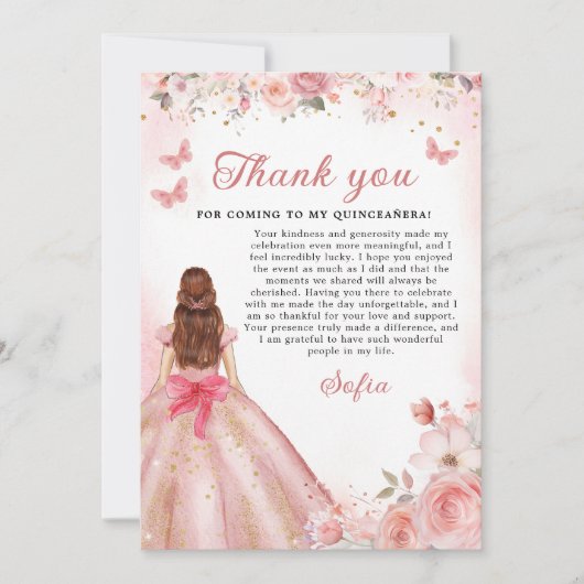 Quinceañera Foto Blush Roze Roos Bloemen Dank u Bedankkaart (Voorkant)